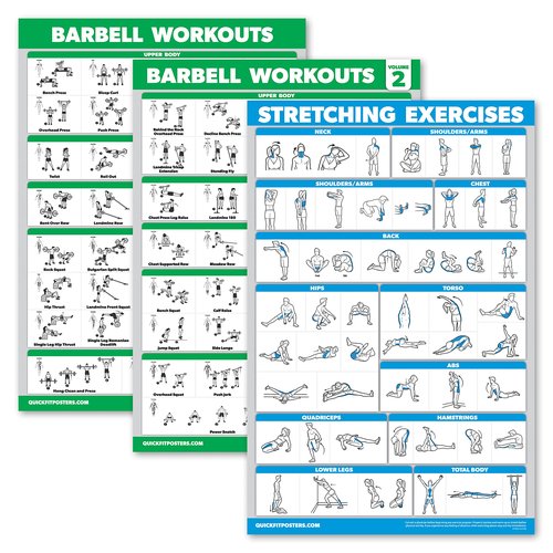 Palace Learning 3 Pack - Barbell Workout Posters Volume 1 & 2 + Stretching Exercise Chart - Set of 3 Posters (LAMINATED, 18" x 24")