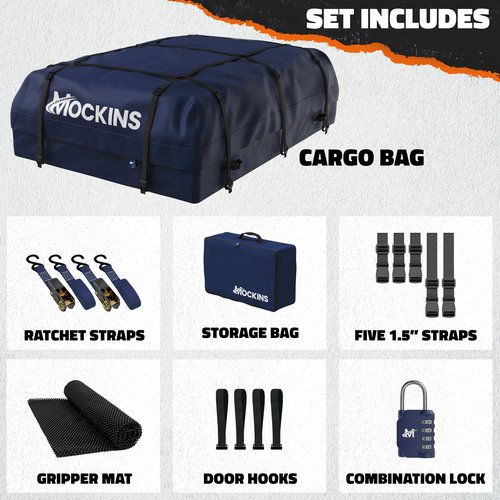 Mockins 30 CuFt Navy Waterproof Rooftop Cargo Bag For Use With or Without Roof Rack | 60"x43"x20" Vinyl Car Rooftop Cargo Carrier Bag | Car Topper Luggage Carrier Waterproof Set w/Straps, Hooks & More