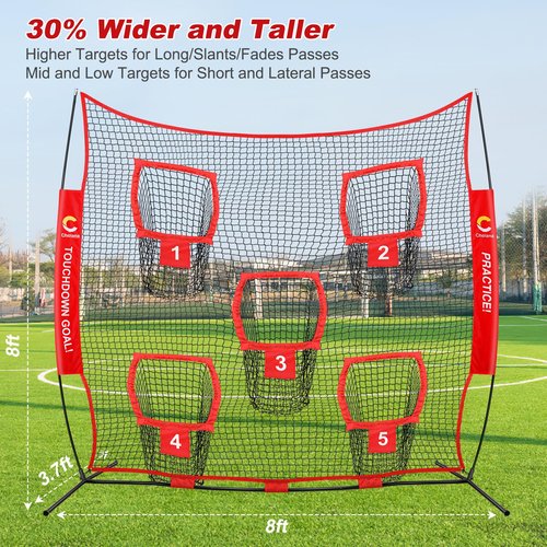 Choiana Football Net, 8 x 8ft Football Throwing Target Net Trainer w/ 5 Pockets, Practice Net Quarterback Training Equipment for Throw Accuracy Improving w/Carry Bag, Ground Stake for Backyard Kids