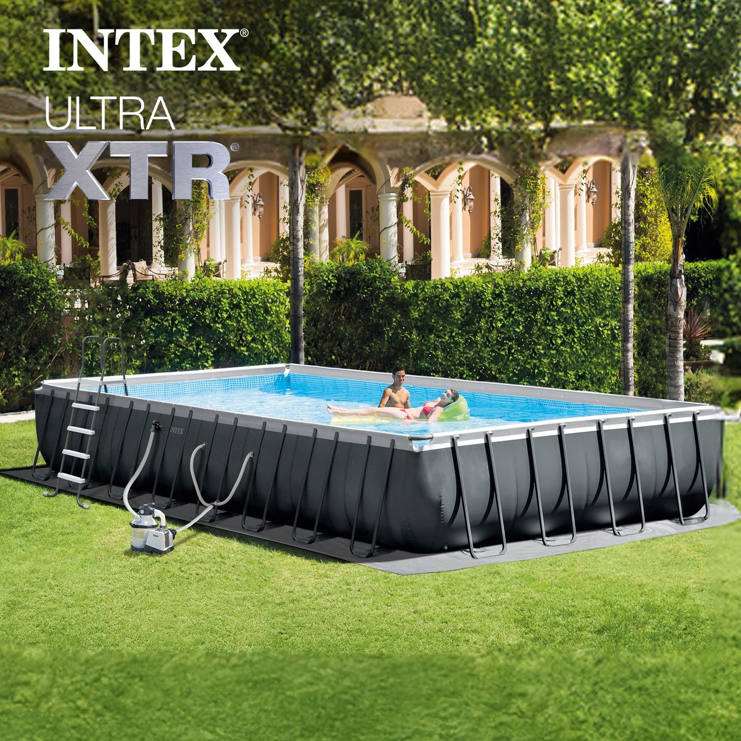 INTEX Ultra XTR 32 ft x 16 ft 52 in Above Ground Pool Set, Rectangular Swimming Pool with Steel Frame, 2800 GPH Sand Filter Pump, Ladder, Cover, & Ground Cloth