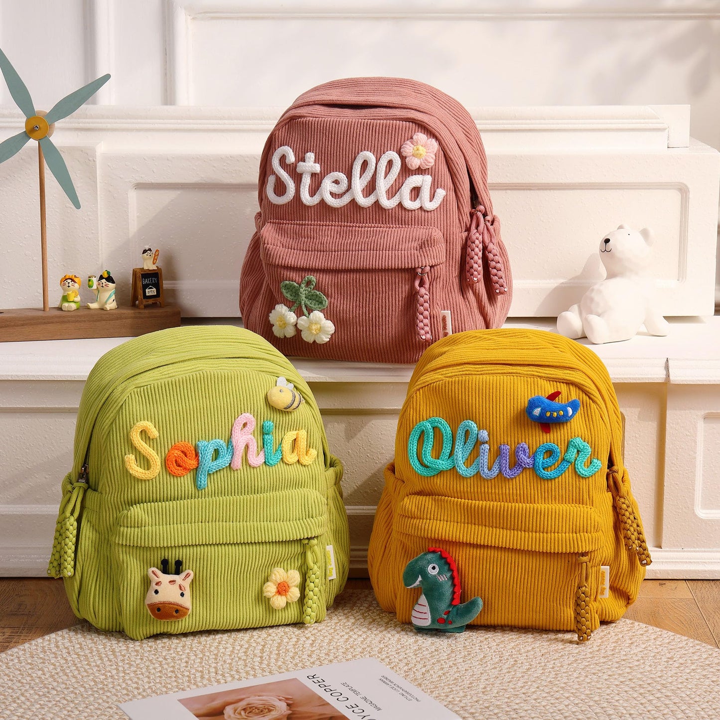 ZUNON Toddler Backpack for Girls, Personalized Corduroy Small Mini Toddler Girl, Custom Name Backpack Bookbag, School Bag for Kids Girls Boys 4-15 Years, Pink