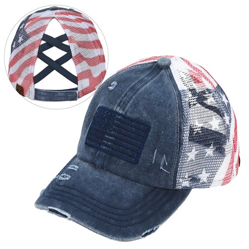 C.C Women's Criss-Cross Ponytail Baseball Cap – Embroidered Cotton Front, American Flag Mesh Back, Adjustable Velcro (Navy)
