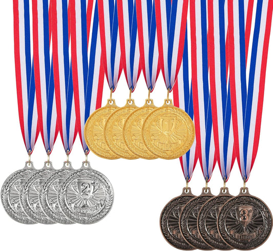 12 Pieces Gold Silver Bronze Award Medals, 1st 2nd 3rd Award Medals Metal Winner Medals Prizes with Neck Ribbon for Sports, Competitions, Olympic Style, 2 Inches