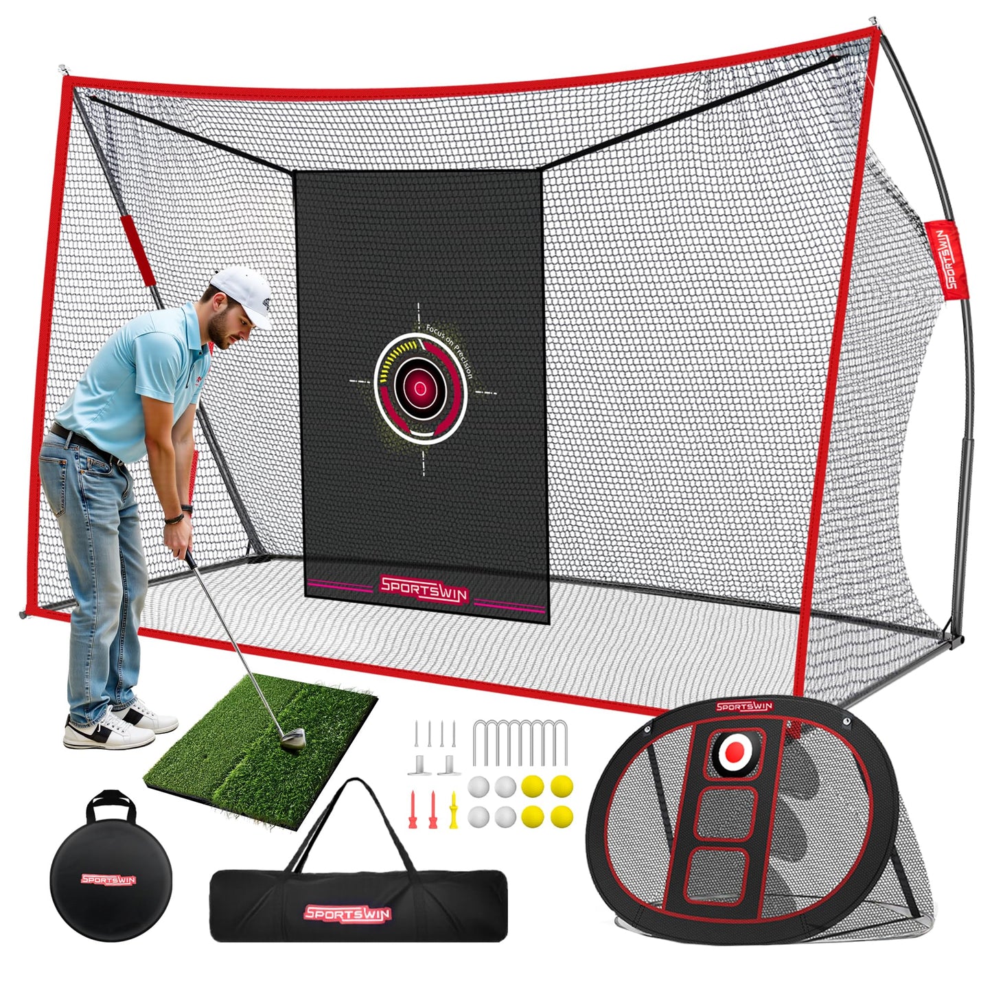 10x7ft Heavy Duty Golf Practice Net with Mat, Target Cloth, 8 Tees, 6 Balls, Carry Bag, Golf Training Net for Backyard Driving Chipping Indoor Outdoor