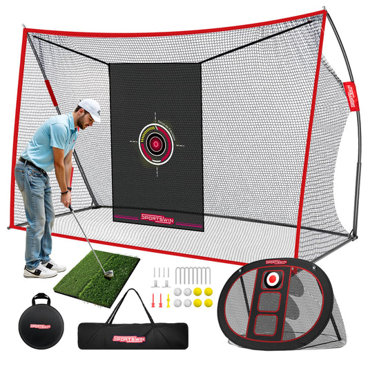 10x7ft Heavy Duty Golf Practice Net with Mat, Target Cloth, 8 Tees, 6 Balls, Carry Bag, Golf Training Net for Backyard Driving Chipping Indoor Outdoor