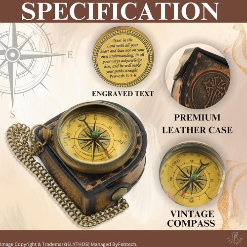 Antique Brass Compass with Leather Case ''Trust in The Lord'' – Birthday, Wedding Anniversary, Baptism, Confirmation, First Communion, Retirement Gift for Boys, Son, Daughter, Mens, Husband, Women