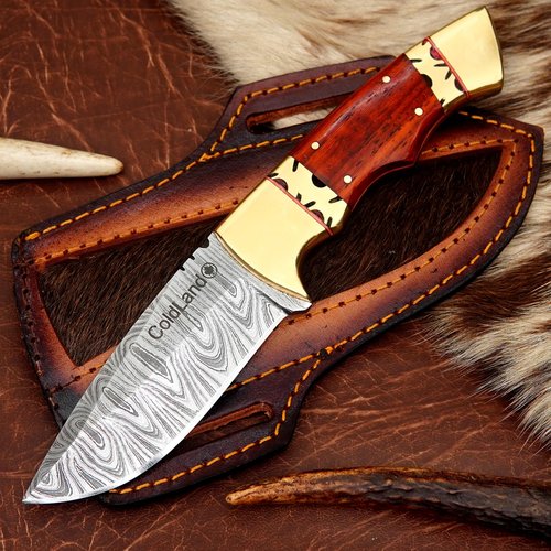 ColdLand Damascus Hunting Knife - 8.75 Inch Fixed Blade Knife with African Red Padauk Wood & Brass Bolster Handle - Full Tang Hunting Knives with Sheath for Picnic, EDC & Camping - NAK31