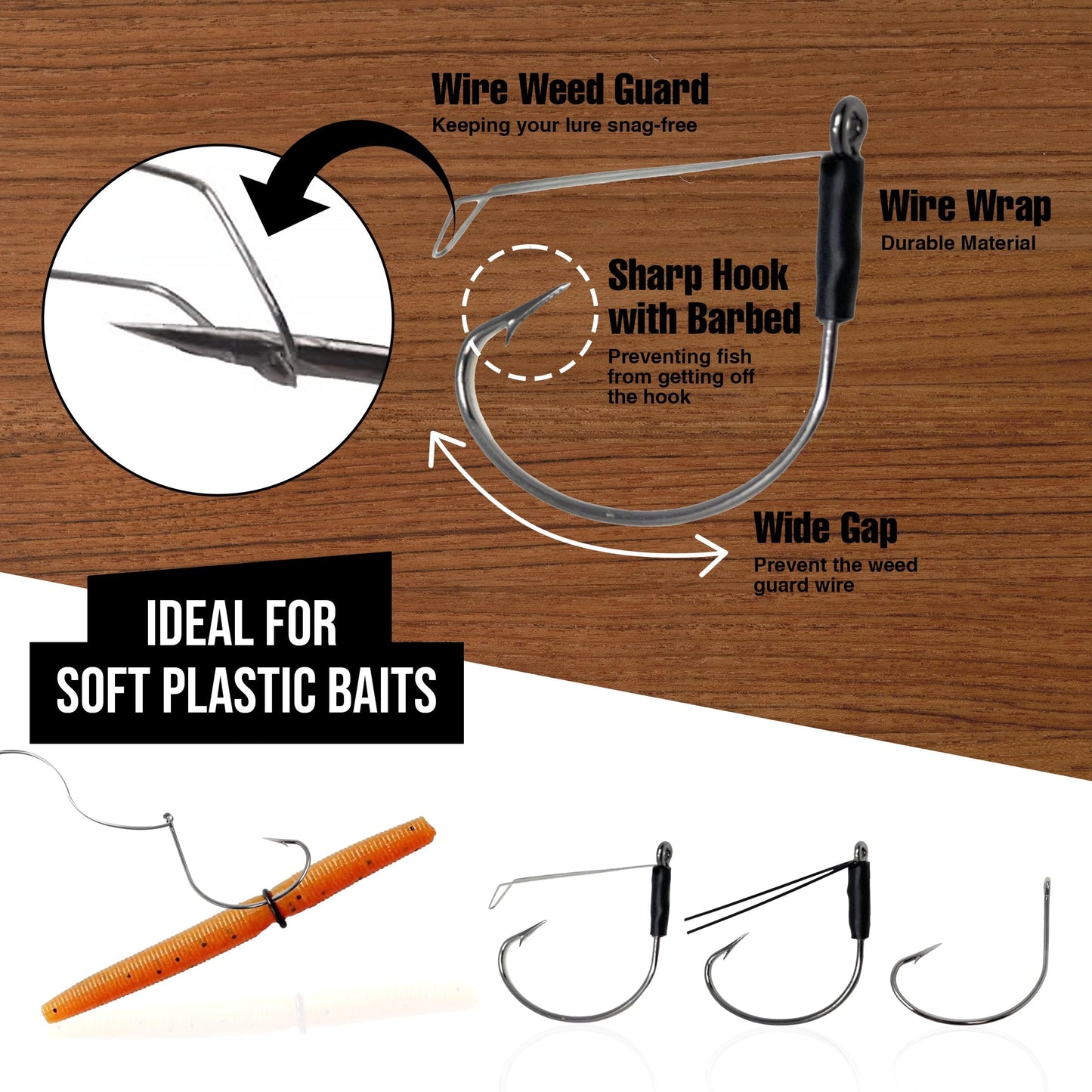Reaction Tackle Wide Gap Wacky Hooks, Weedless Worm Hooks for Bass, High Carbon Steel Hooks for Stick Worm Soft Plastics, Neko Rig and Finesse Fishing - Size 1/0 Weedless Wire Guard (25-Pack)