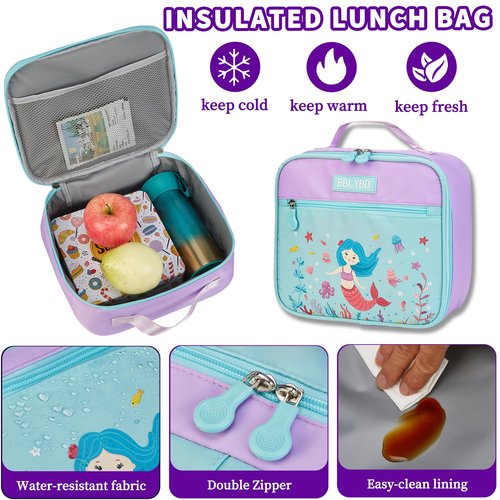 Girls Backpack with Lunch Box, Cute School Backpack for Kids Teen Elementary, Large Capacity Kids Bookbag 3 Pcs Set (Mermaid)