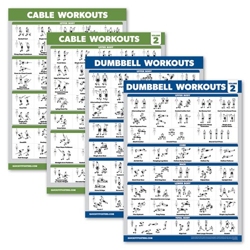 4 Pack - Cable Machine Workout Posters Volume 1 & 2 + Dumbbell Exercises Chart Volume 1 & 2 (LAMINATED, 18" x 24")