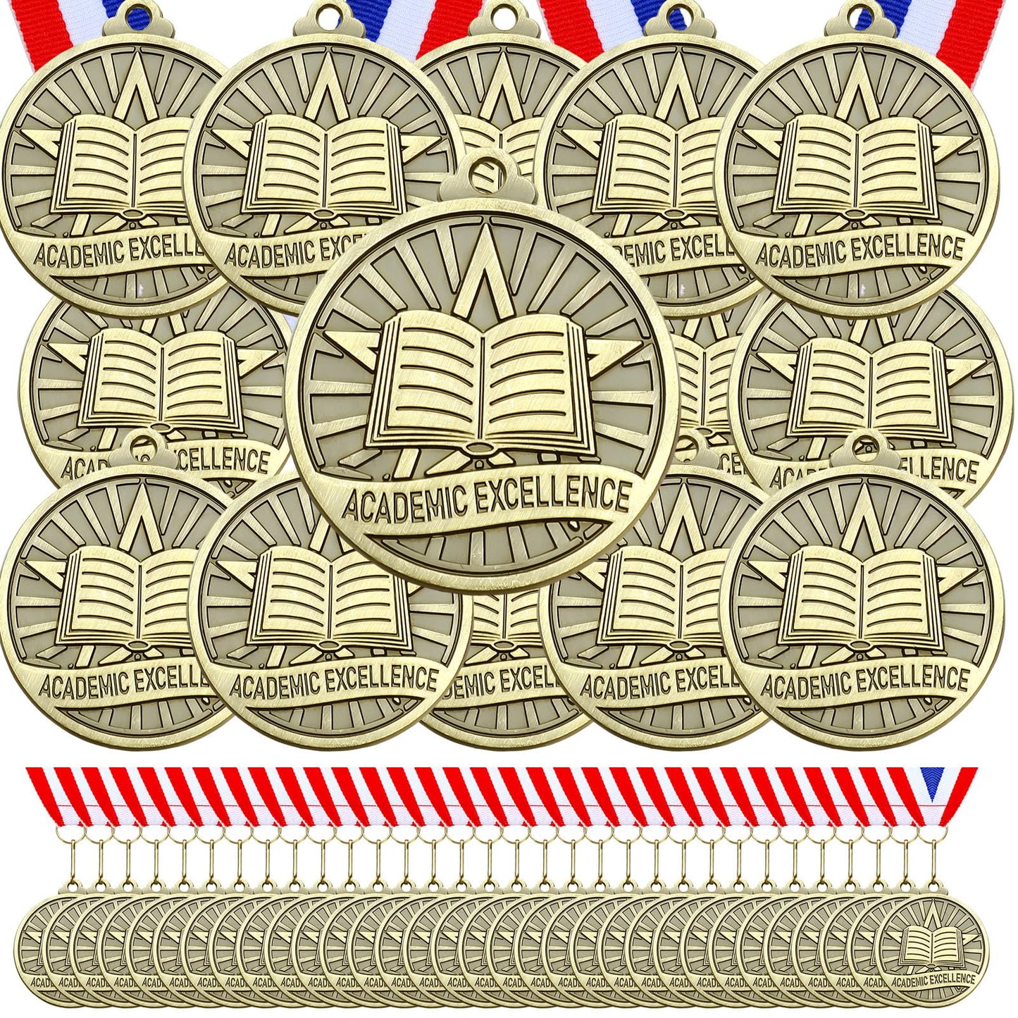 Quelay 60 Pcs 2 Inches Bulk Award Medals Metal Winner Medals with Neck Ribbons for Competitions Graduation School Party Adults Tournaments Trophy Award Prize Gift(Academic Excellence)