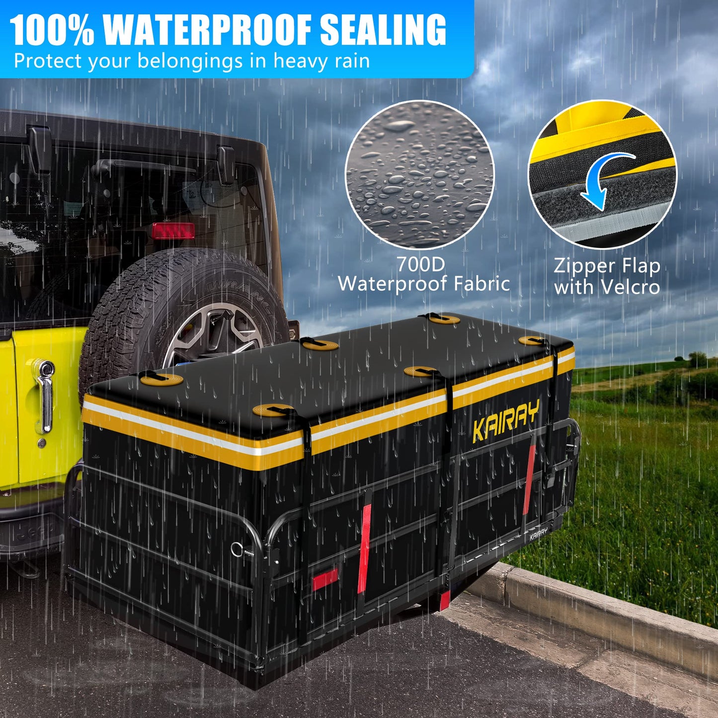 KAIRAY 500 Lbs Heavy Duty Hitch Mount Cargo Carrier 60"x24"x14.4" Folding Rear Luggage Rack Basket Fits 2" Receiver for Car SUV Camping Traveling with Stablizer Waterproof Bag Net Ratchet Straps Lock