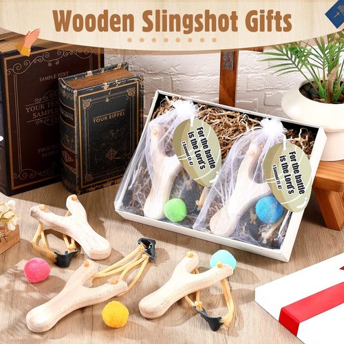 Soulchen 12 Sets David and Goliath Wooden Slingshot Game Sunday School Slingshot with Card Bible Game for Bible Story Party Decorations Religious Education Gift Classroom Home Activities Family Fun
