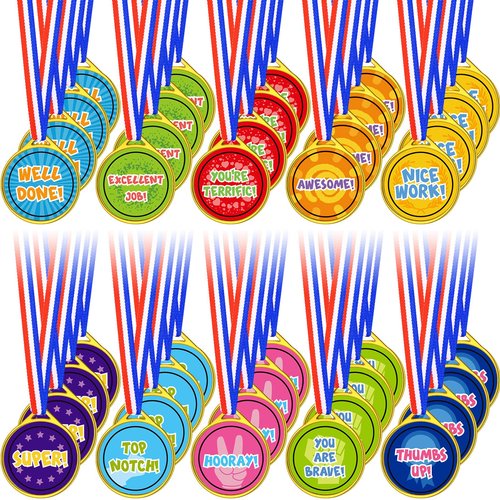 Gejoy Assorted Kids Medals for Winning Plastic Medals Assortment for Sports Talent Shows Gymnastics Parties and Other Birthday Party Favors (60 Pieces)