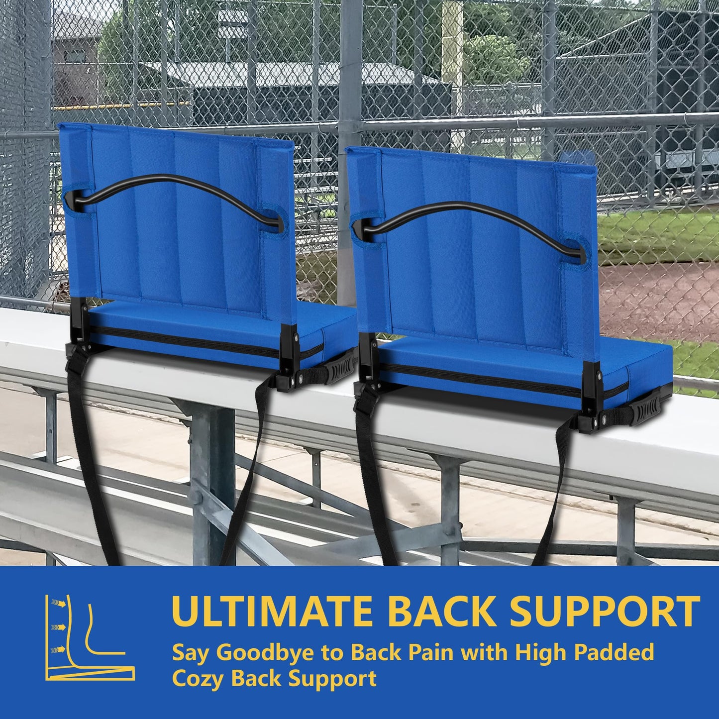 Halituny Stadium Seat for Bleachers with Back Support, Portable Bleacher Seat with Wide Comfy Padded Cushion, Metal Hook, Folding Stadium Chair with Shoulder Strap, Carry Handle, Cup Holder, Blue