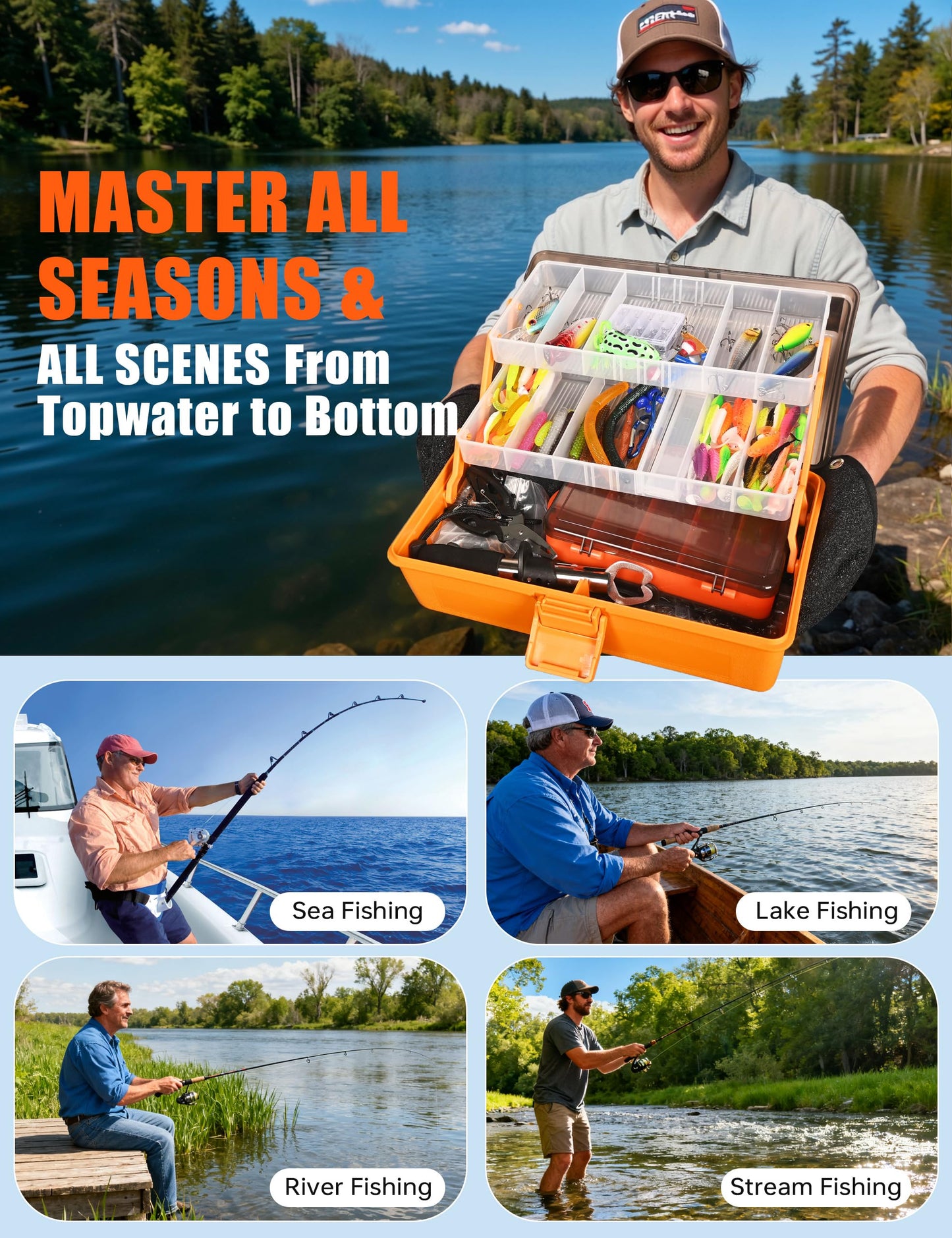 Large 3-Layer Tackle Box with Tackle Included, 417Pcs Fishing Lures Kit with Bonus Small 2-Sided Box & Gloves, Pliers, Crankbait, Hooks, Freshwater Bass Fishing Gear Gift for Men & Kids