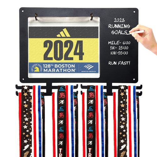 MedalAwardsRack Race Bib and Medal Display for Track, Marathons, Triathlons, Races, and More – Holds up to 28 Medal and 20 Race Bib (Chalk Board Hanger)