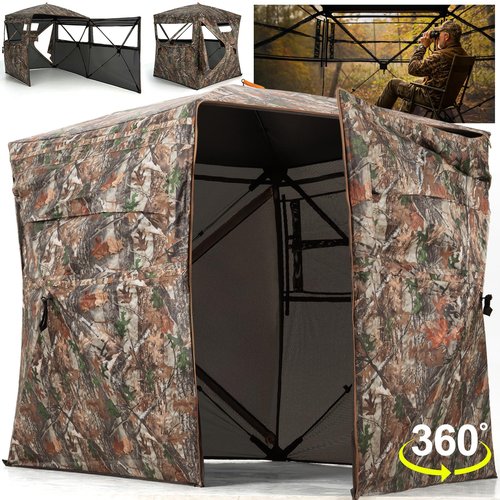 HUNTSEN Hunting Blind 360 Degree See Through Ground Blind with Full Open Door - 2-3 Person Pop Up Hunting Tent with Carrying Bag for Deer & Turkey
