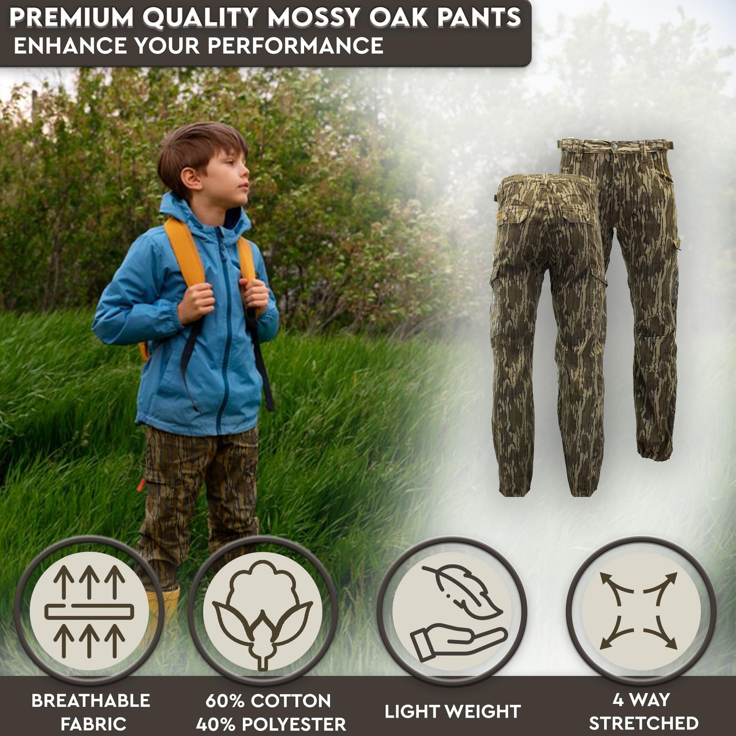 TrailCrest Youth Kids Camo Hunting Cargo Pants | 6 Pockets | Mossy Oak Bottomland, Large