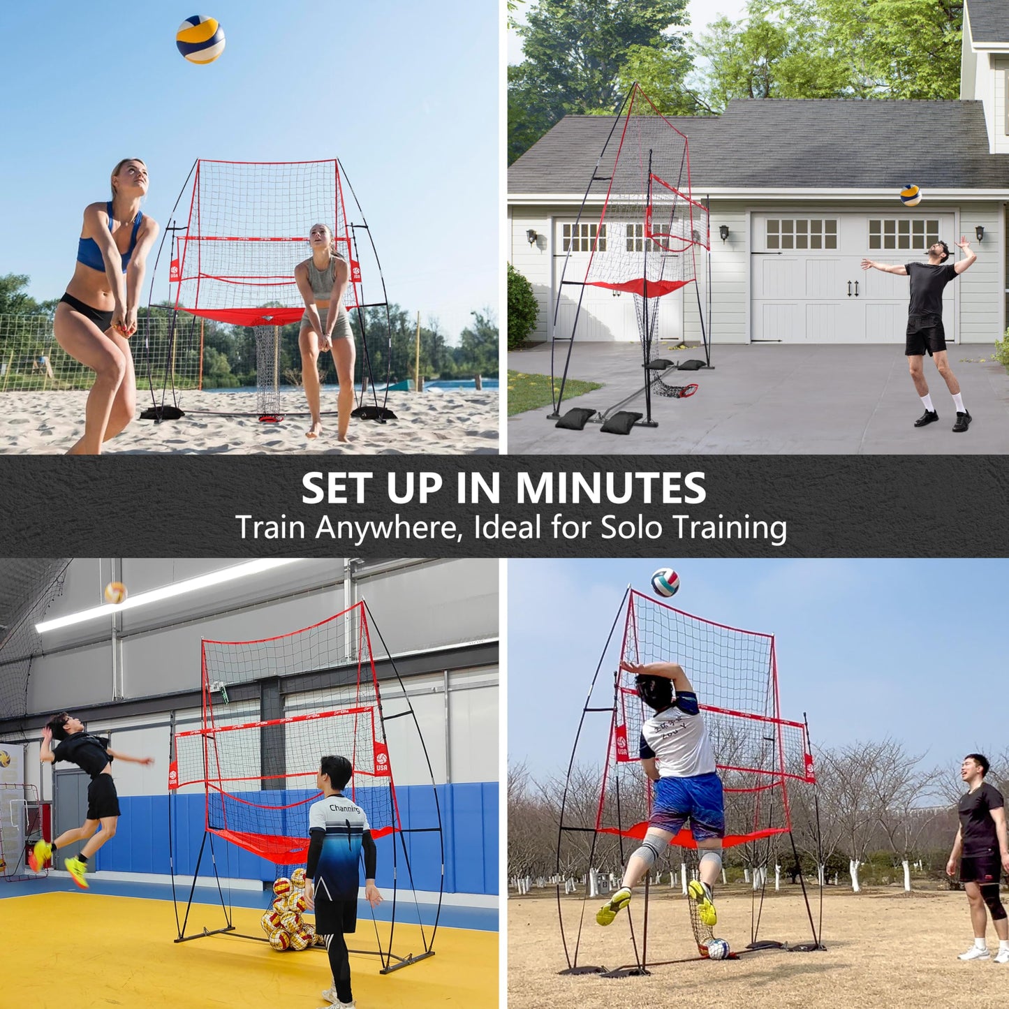 JOLORLY 2-in-1 Volleyball Practice Net Station with Patented 5-Height (6'6'' to 8'), Heavy Duty Training System for Hitting Spiking Serving, Backyard Indoor Outdoor Trainer Equipment (8x11 ft Red)