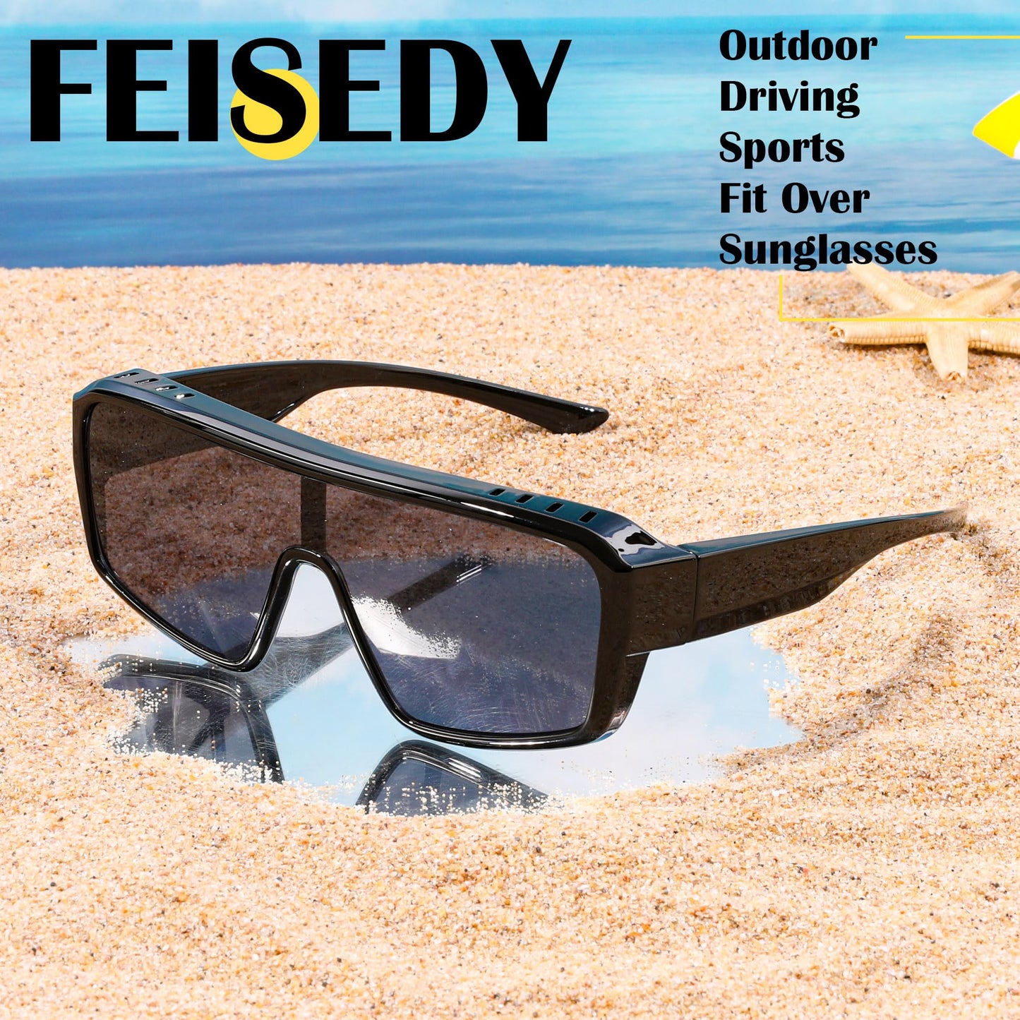 FEISEDY Oversized Square Sunglasses Fit Over Glasses for Men Women, Wrap-around One Piece Shades, Driving Outdoors B0332