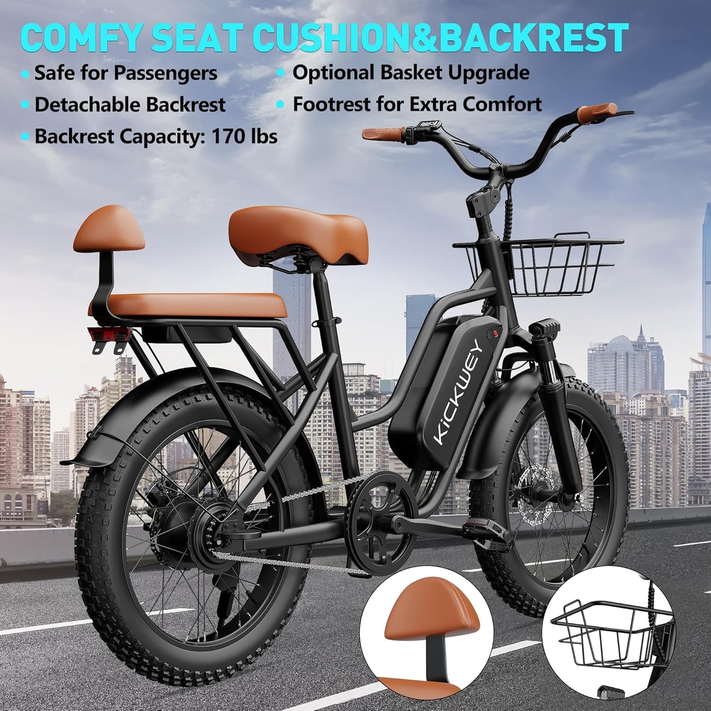 2 Seater Electric Bike Adults,1500W 30MPH 33-70Miles 48V 20AH Removable Battery Ebike 20" x 3.0 Fat Tire Beach Mountain Commuting Electric Bicycles W/Fork Suspension UL2849