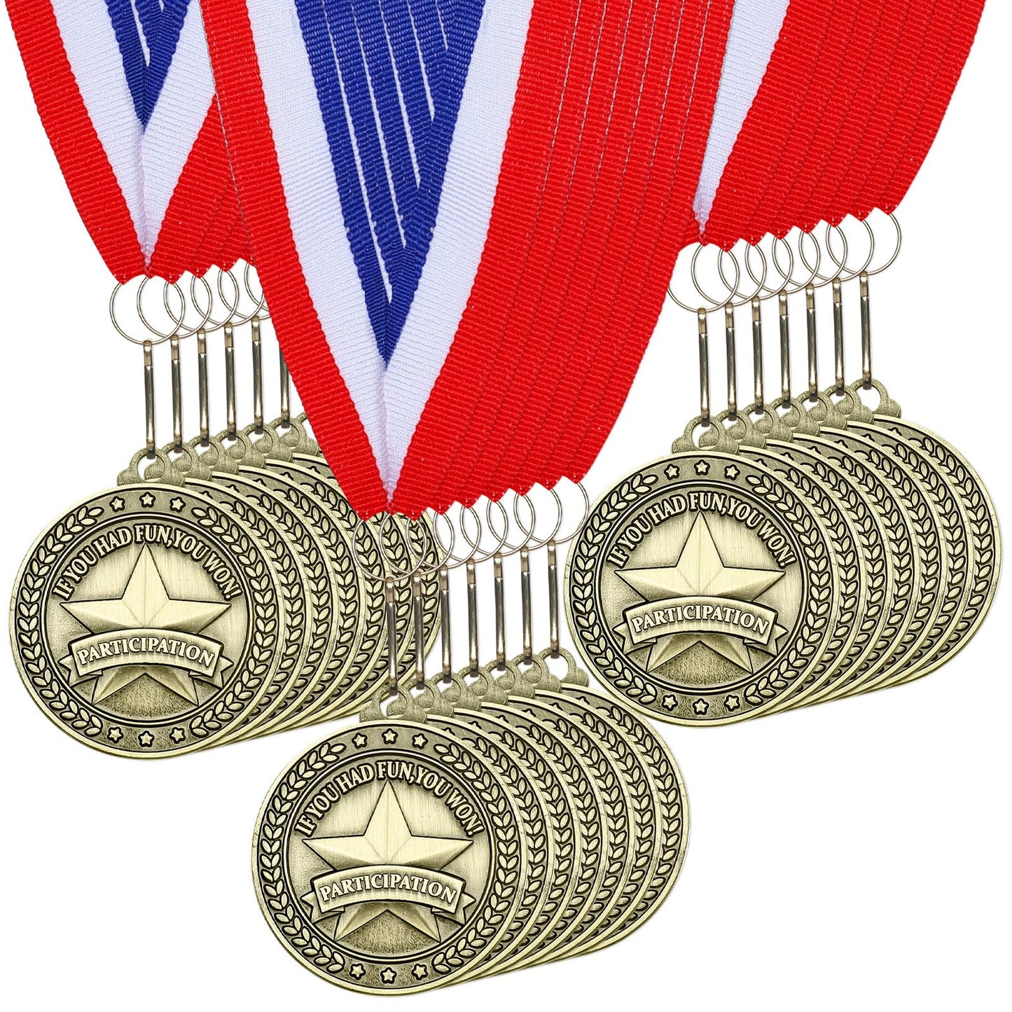 Remuuly 30 Pcs Gold Medals Bulk 2'' Basketball Soccer Baseball Volleyball Football Lacrosse Kickball Cheer Bowling Trophy Medals for Awards for Sports Participation Winner Gift(Gold,Participate)