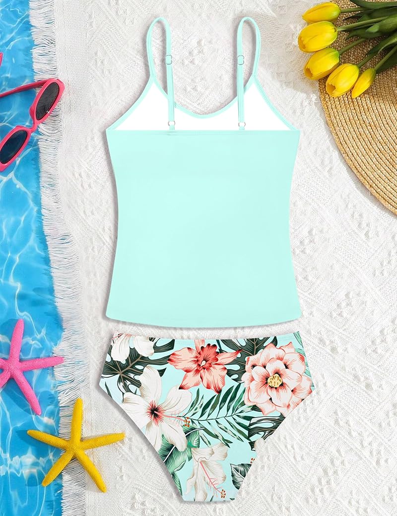 Aulyffo Girls 2-Piece Criss Cross Ruched Tankini Set - A-light Blue, 13-14 Years