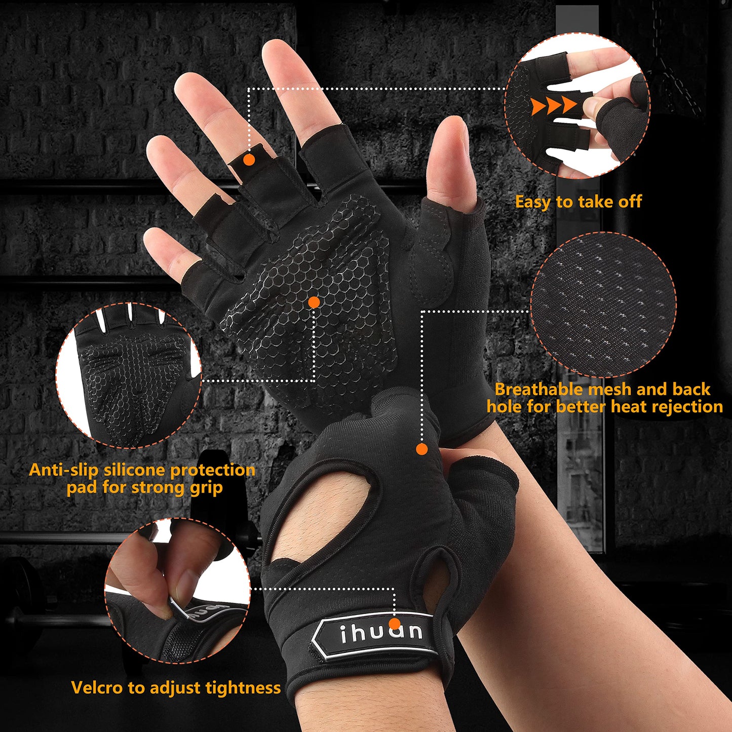 ihuan New Breathable Workout Gloves for Women & Men - No More Sweaty & Full Palm Protection Gym Exercise, Cycling, Fitness, Weightlifting, Pull-ups, Deadlifting, Rowing