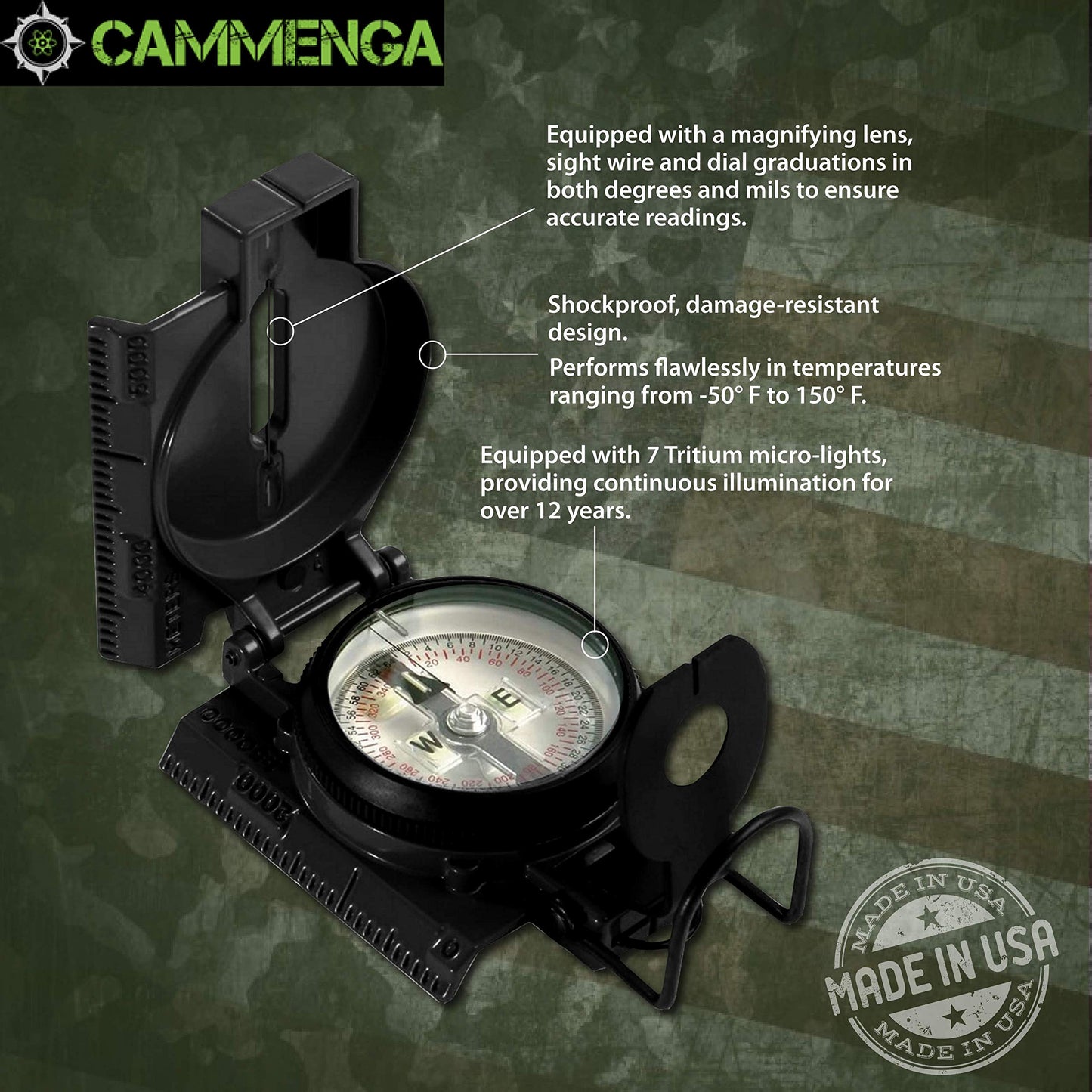 Cammenga Lensatic Tritium Compass - Made in USA Military Compass - Premium Tritium Illuminated Tactical Compass for Land Navigation, Hiking, Survival, Hunting and Backpacking - Black
