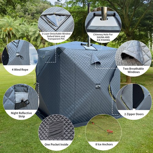 TENPLAY Portable Pop Up3-4 Person Ice Fishing Shelter,Fully Insulated Winter Ice Fishing Shanty,Sauna Tent with 3-Layer Thermal Hub,Windproof,Warm,All-weatherr,with CarryBag,Ice Anchors,Rain Cover