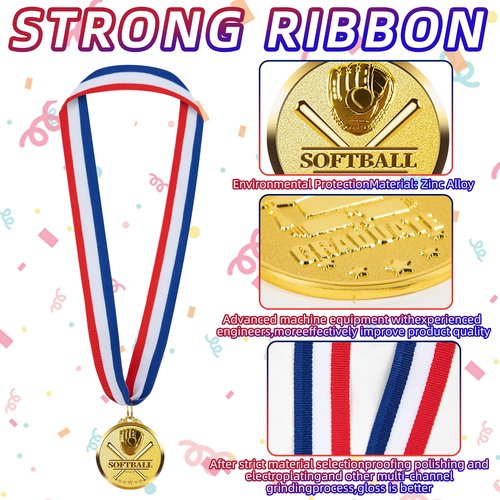 LZHZHZ 12 Pcs Softball Medal Awards (2 Inch) -with Red, White & Blue Neck Ribbons,Custom Softball Metal Awards with DIY Engraving