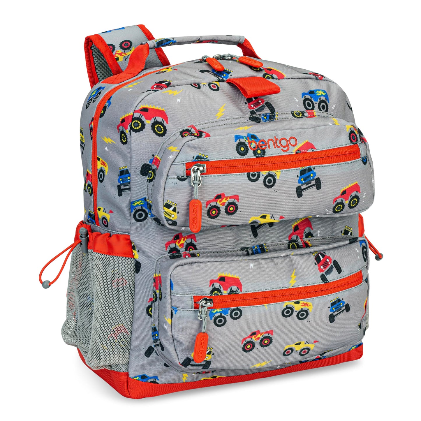 Bentgo Kids Backpack - Lightweight 14” Backpack in Fun Prints for School, Travel, & Daycare, Ideal for Ages 4+, Roomy Interior, Durable & Water-Resistant Fabric, & Loop for Lunch Bag (Trucks)