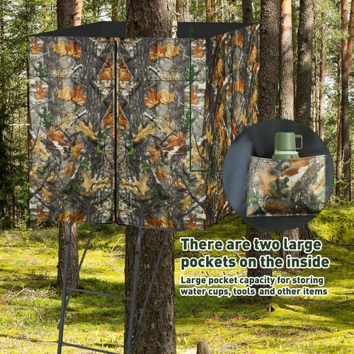 See Through Hunting Treestand Blinds, Four-sided Tree Stand Wrap Camo Blind Cover 2 Man Ladder Stand Blind Kit Visible Camouflage Blinds with Zipper Pocket Storage Bag for Deer Hunting, 142" x 35"