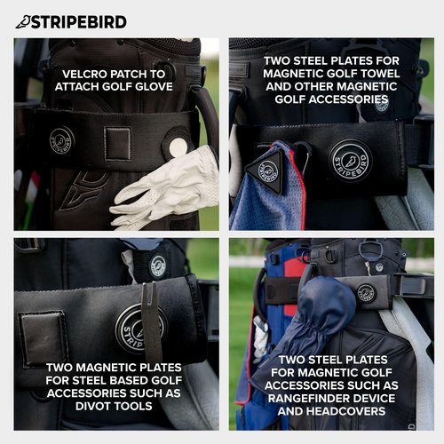 Stripebird - Premium Golf Cart Strap Sleeve Protector (Black) - Save Your Golf Bag from Golf Cart Straps - Includes Magnetic and Steel Plate for Magnetic Golf Accessories