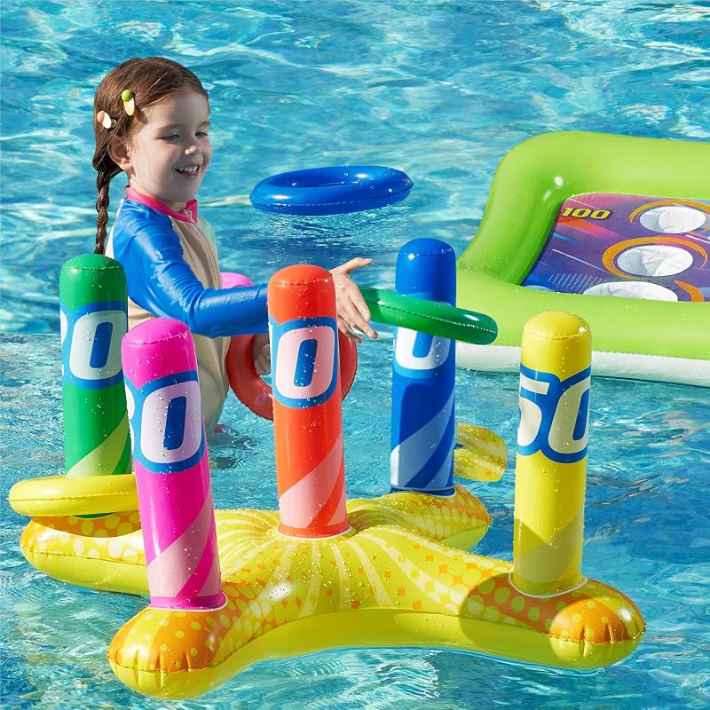 2 Sets Inflatable Pool Toss Game Combo – Ring Toss & Cornhole Pool Games for Kids & Adults