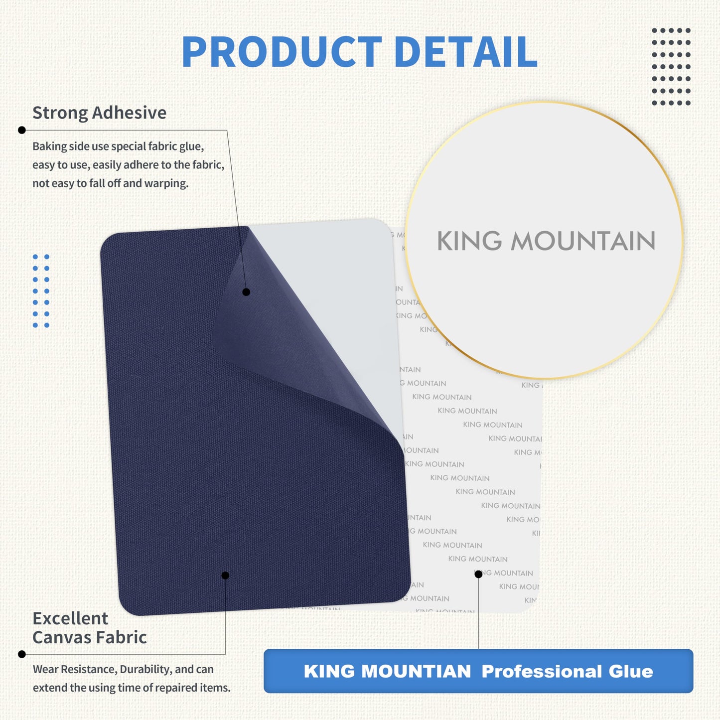 KING MOUNTAIN Canvas Repair Patch 5×8 Inch 8 Pcs Self-Adhesive Waterproof Fabric Patch for Sofas, Tents, Furniture,Tote Bags, Car Seats (Dark Blue)