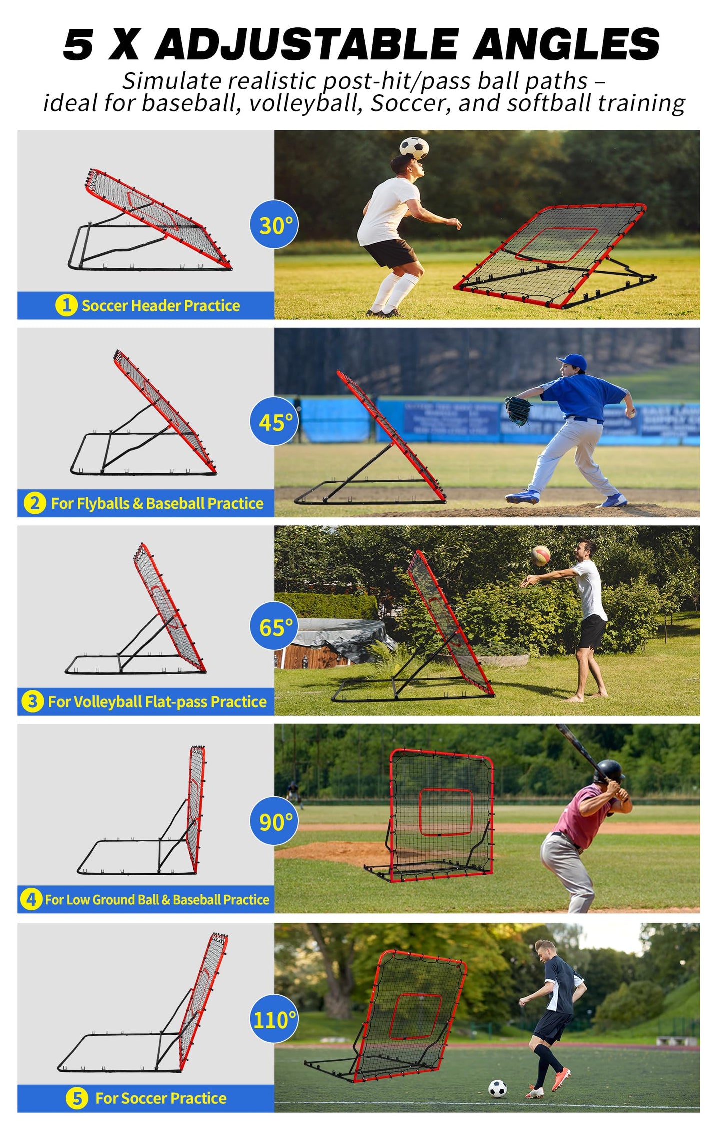 5-Angle Baseball Rebounder Net Bounce Back Net Solo Fielding Trainer 48x52 Inch, Multi-Sport Pitch Back for Ground, Line Drive, Fly Ball with Stable Frame, 45-PLY Net, Carry Bag