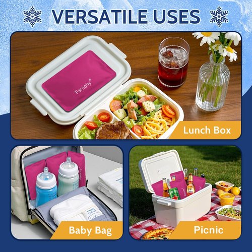 Farochy Reusable Ice Packs for Lunch Boxes - 4Packs Soft Ice Packs Freezer Packs for Cooler Gel Ice Packs, Keep Food Cold or Hot, Rosy