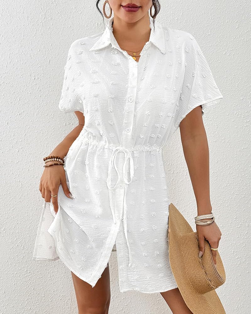 Bsubseach White Small Button-Front Swim Cover Up Dress