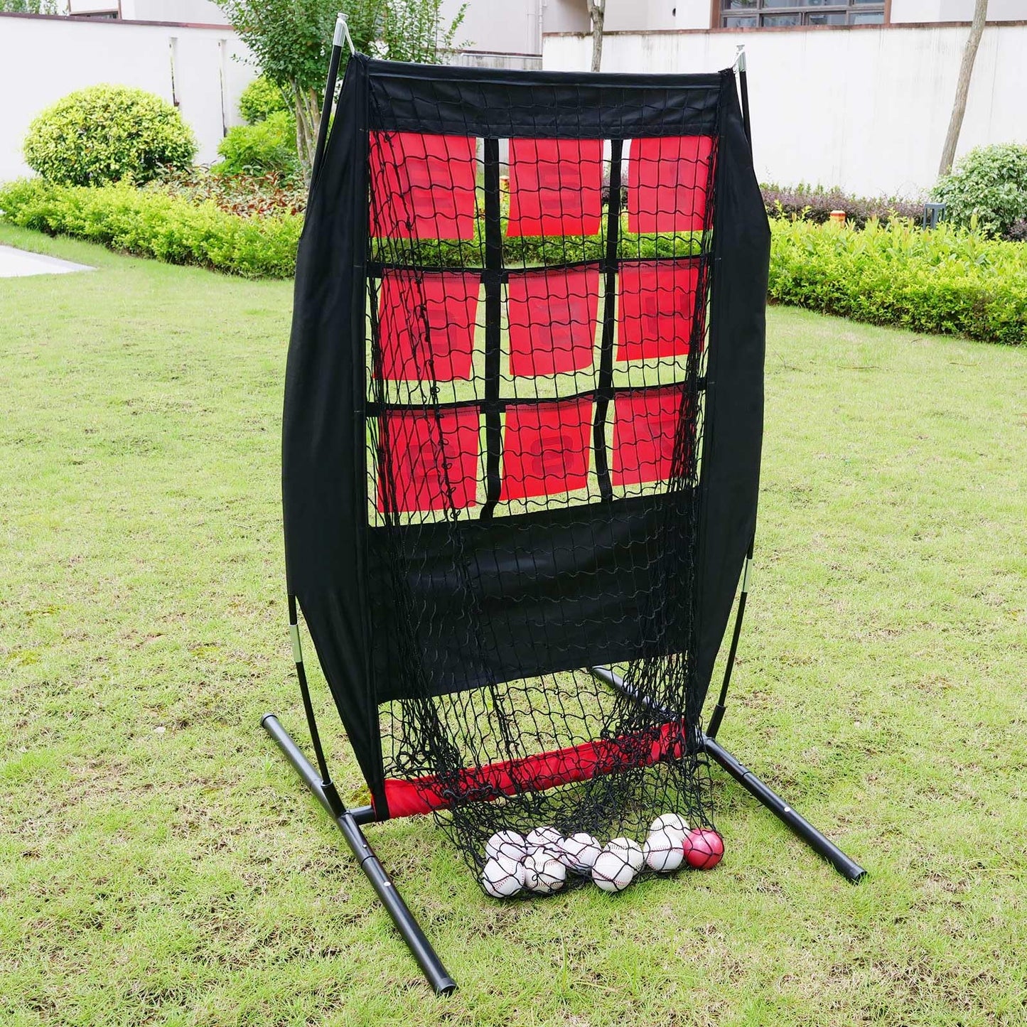 SIYALAICH Ultimate Portable Pitching Target Net for Baseball, Softball & Football | Pro-Tested Practice System with Numbered Strike Zone | Includes Carry Bag & Enables Quick Assembly(Black/Red)