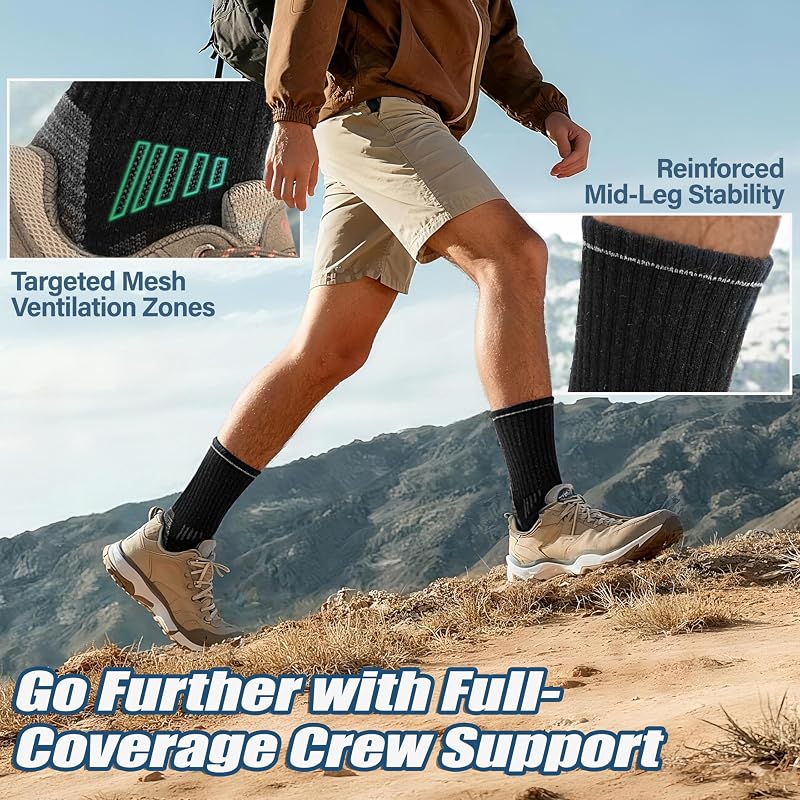 ANTsang Merino Wool Hiking Socks, Enhanced Breathability 5-Pair Set - Blue/Gray/Black, Large