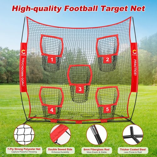 Choiana Football Net, 8 x 8ft Football Throwing Target Net Trainer w/ 5 Pockets, Practice Net Quarterback Training Equipment for Throw Accuracy Improving w/Carry Bag, Ground Stake for Backyard Kids