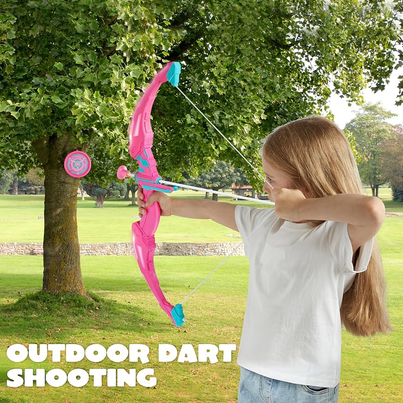 Pink Bow and Arrow Set for Girls with LED Light-Up Bow, 9 Suction Arrows, Target & Case – Indoor/Outdoor Play (Variation: Pink)
