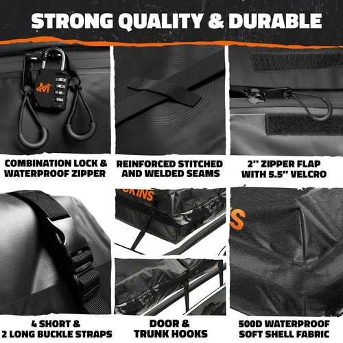 Mockins 35 Cu.Ft. Black Waterproof Rooftop Cargo Carrier Bag | 60"x42"x24" Car Roof Bag for Use with or w/o Roof Rack | Car Topper Luggage Carrier Waterproof Storage Set w/Mat, Straps, Hooks, & More
