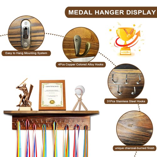 BILYSKEP 20'' Medal Hanger Display Trophy Shelf with Hooks Wooden Medal Holder for Wall Mount Ribbon Trophy Shelf Gift for Gymnastics Running Race Soccer Awards/Trophy