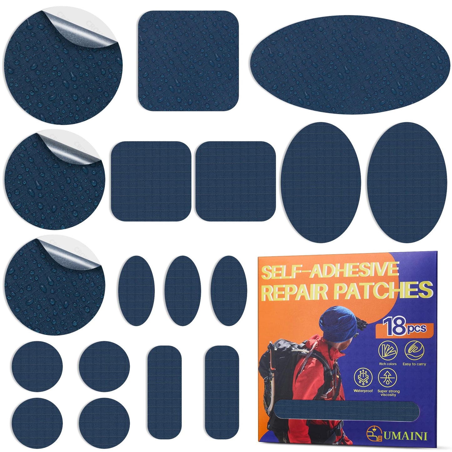 Down Jacket Repair Patch Kit, Outdoor Gear Tenacious Repair Tape, Self Adhesive Fabric Patches for Clothes, Waterproof Ripstop Nylon fabric Patch for Puffer Jacket, Coat, Tent (18 Pcs, Dark Blue)