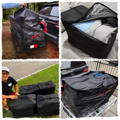 Mockins 48"x18"x6" Folding Hitch Cargo Carrier & 15 CuFt Waterproof Cargo Bag for Truck Bed w/ 4 Packing Cubes | Weatherproof 500 lbs Cap Car Trailer Hitch Rack for SUV, Truck, Van & RV w/Accessories