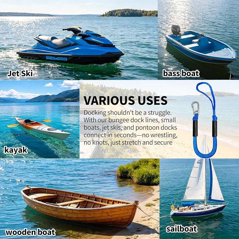 Bungee Dock Line with 316 Stainless Steel Hook, Foam Float — 4ft to 5.5ft, 2 Pack, Blue