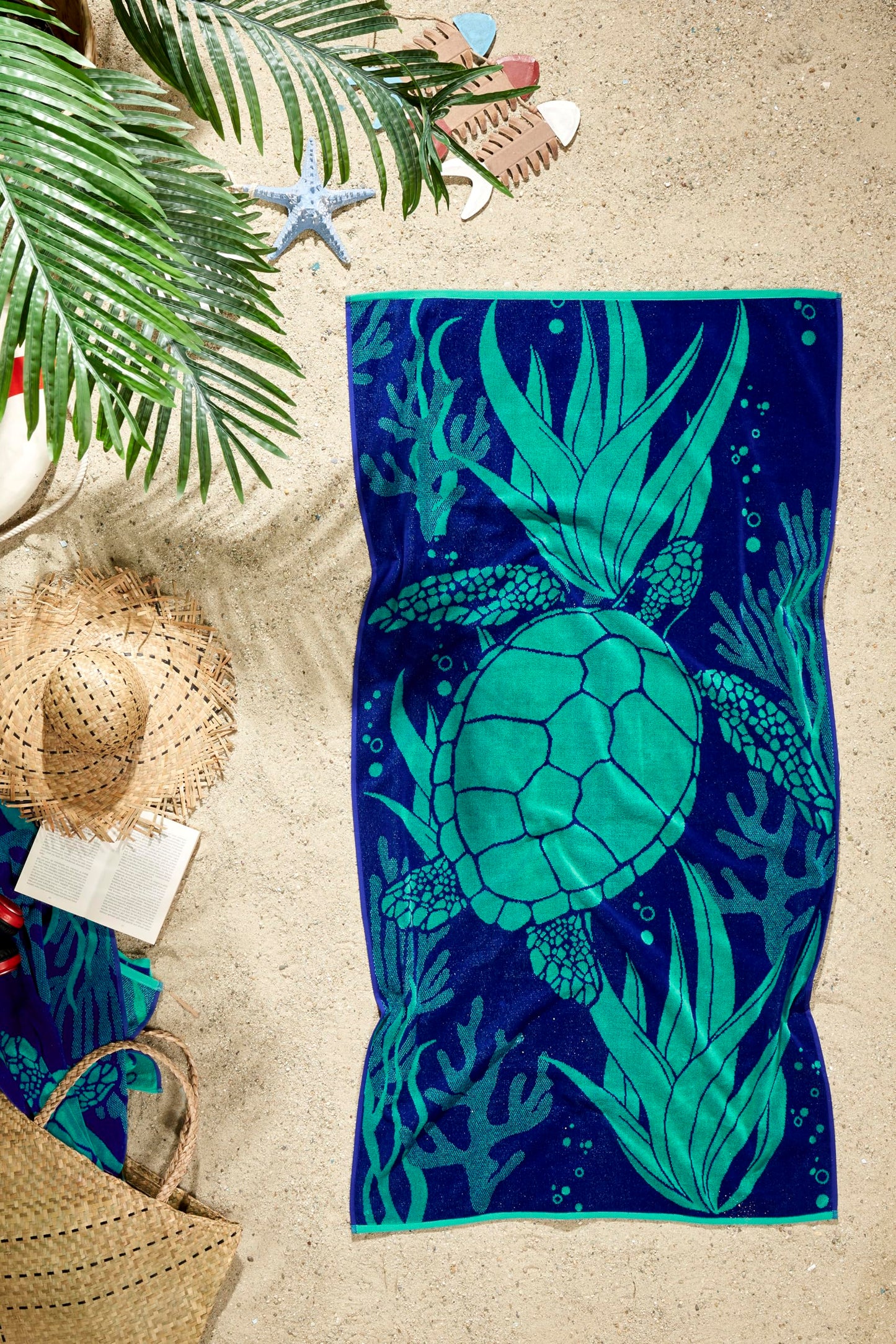 Ozdilek 34x64 Beach Towel - 100% Turkish Cotton, Luxury Soft Velour, Quick Dry, Absorbent, Fade-Resistant, Oversized Pool & Spa Towel, Sea Turtle Design, Eco-Friendly (Sea Turtle Haven)